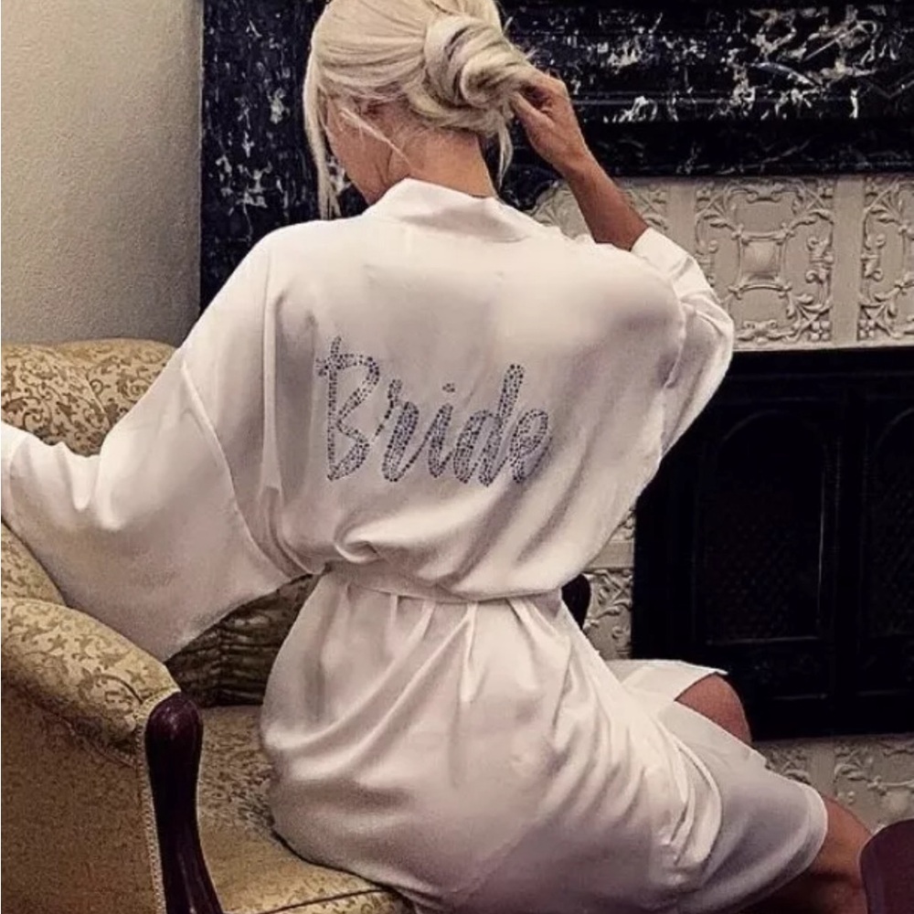 Victoria's Secret White Bride Satin Robe with Rhinestone Script